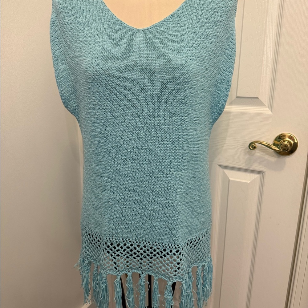 Blue Knit Sleeveless Top with Fringe xl WD.NY summer sweater
